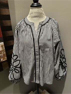 Glam Distressed Black & White Striped Balloon Sleeve Blouse with Floral Detail
